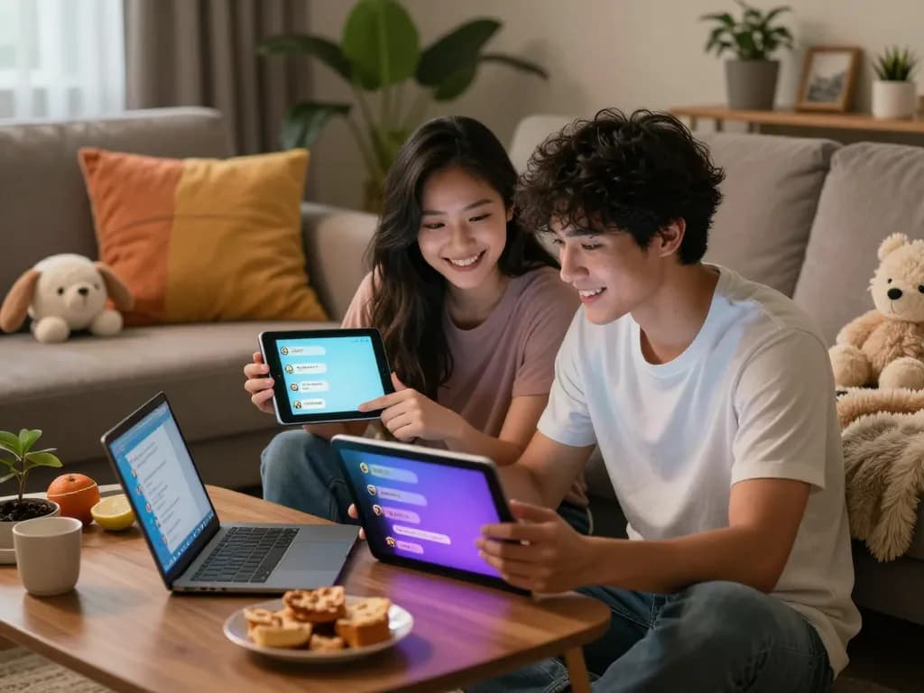 Engaging with an AI chat porn experience in a cozy setting with tablets.