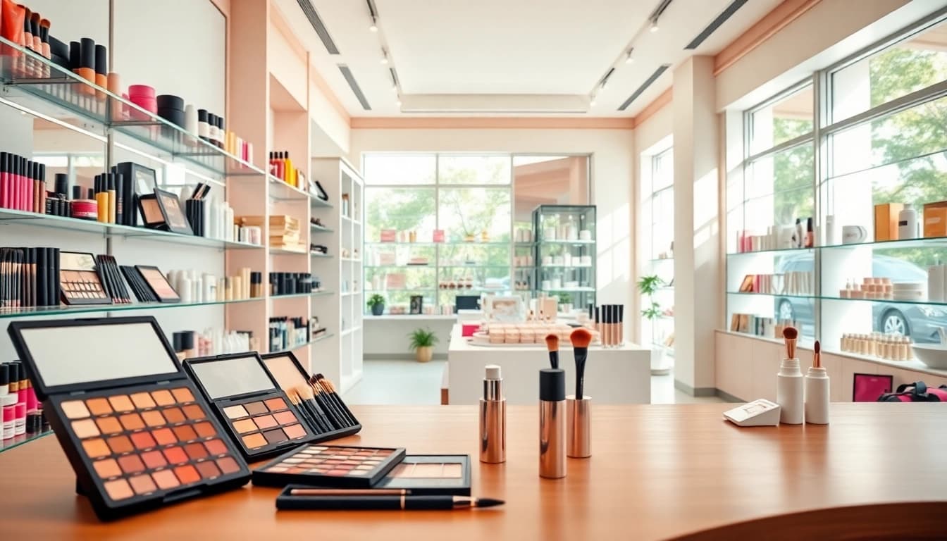 Explore wholesale makeup suppliers with high-quality products showcased in a professional beauty store.