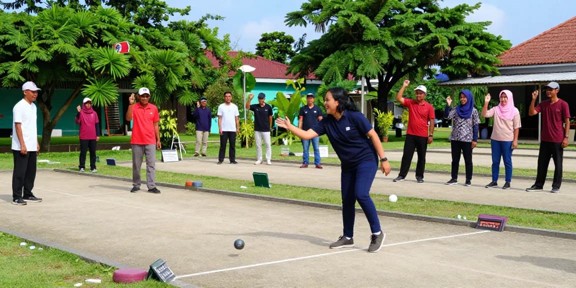 Suasana ramah di lapangan petanque FOPI Kota Banjarbaru, menampilkan pemain bersenang-senang dan berkompetisi sambil merayakan olahraga petanque fopikotabanjarba.org.
