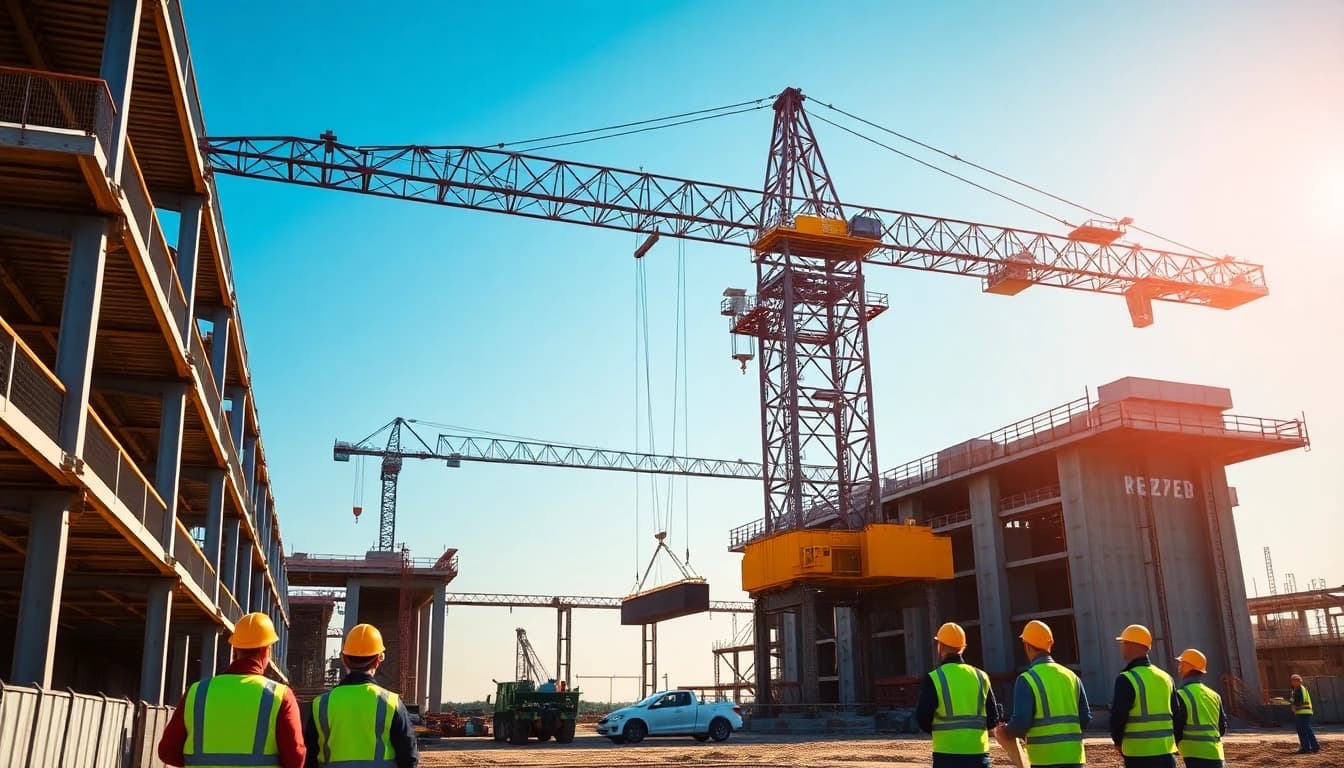 Dynamic scene featuring a double girder bridge crane lifting heavy loads at a construction site, showcasing industrial efficiency.