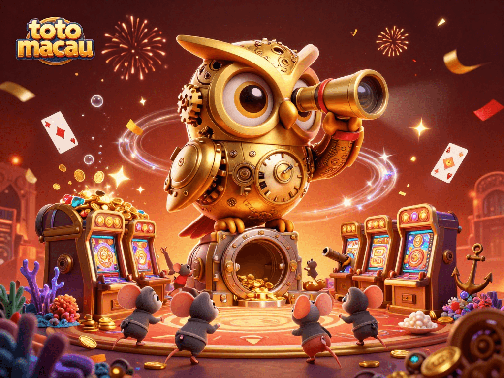 Spin through the vibrant toto macau casino scene with a golden owl and lively mouse patrons amidst colorful chaos.