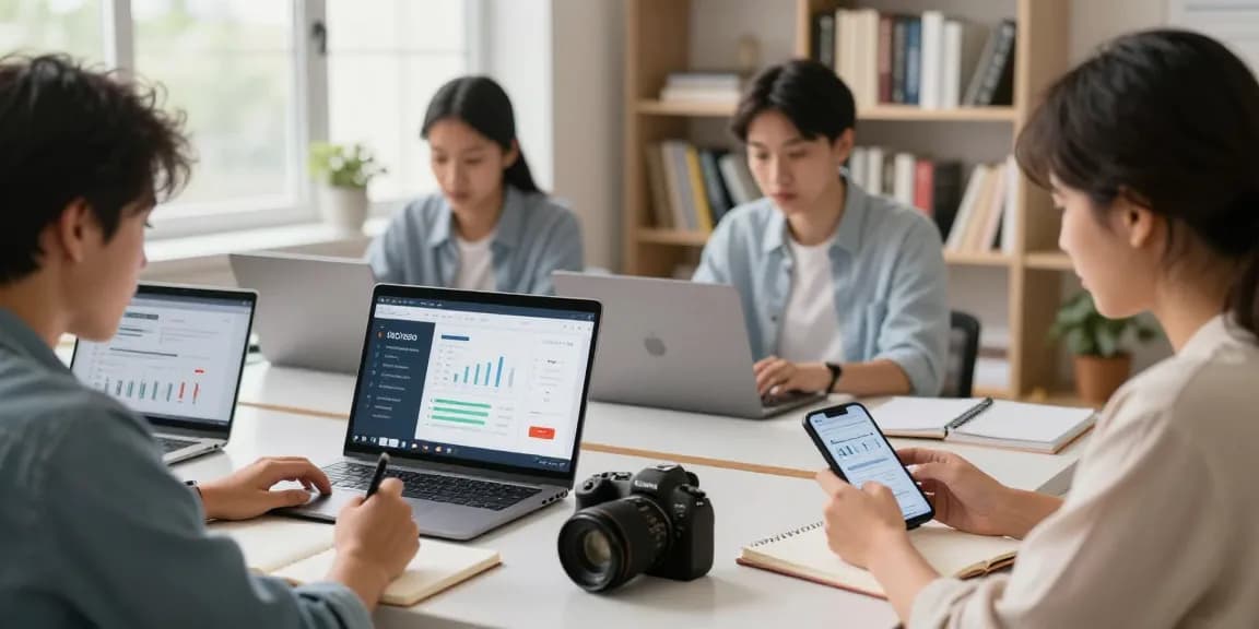 Learn digital marketing online with a diverse group studying in a bright, collaborative space.