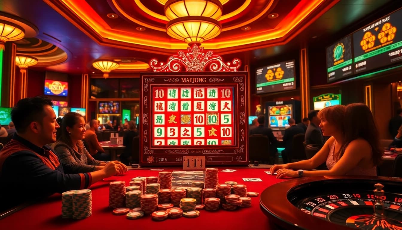 Engage with the mahjong slot demo at a vibrant casino with slot machines and poker chips.