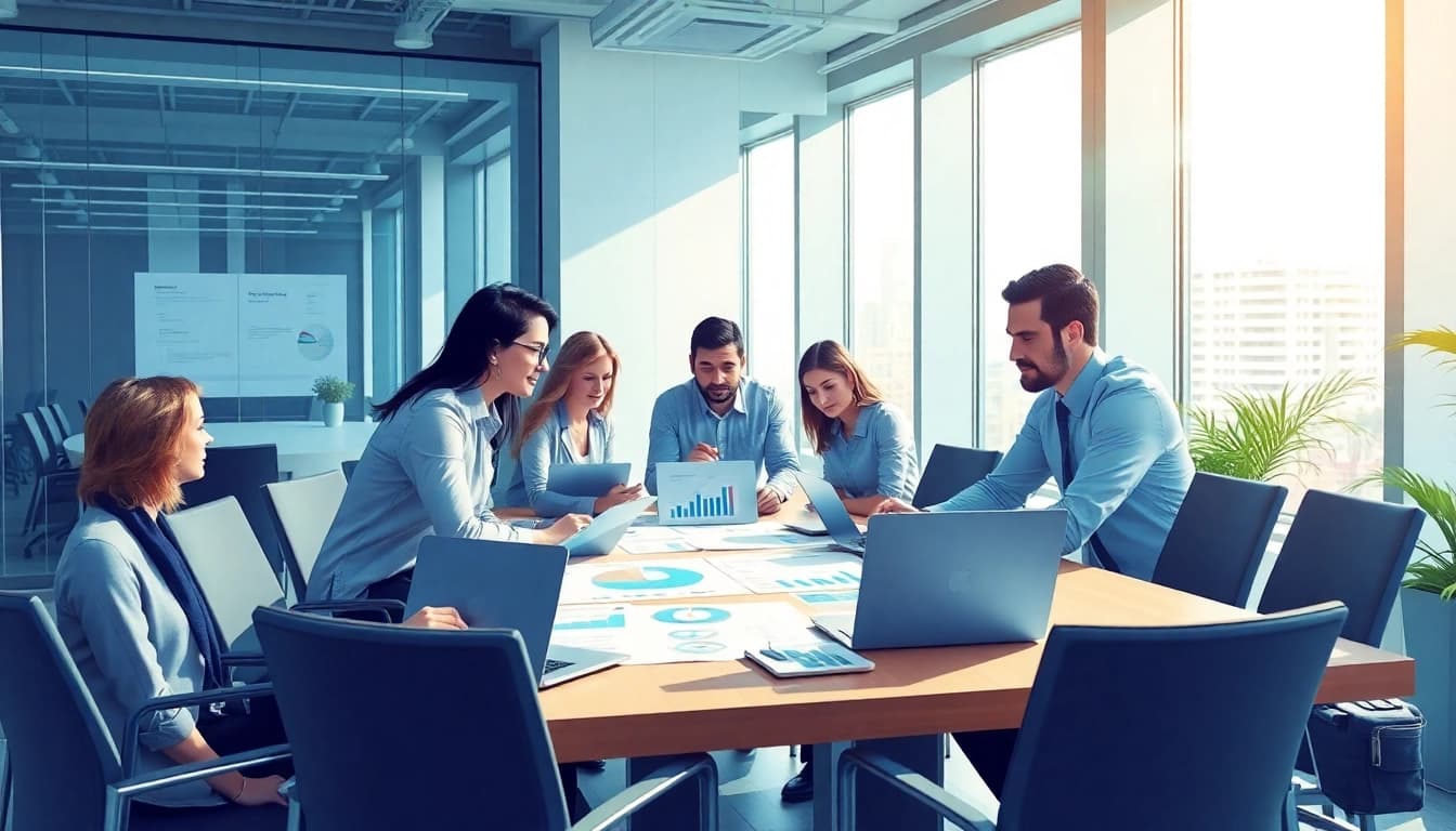 Strategists discussing competitor pricing strategies in a modern office