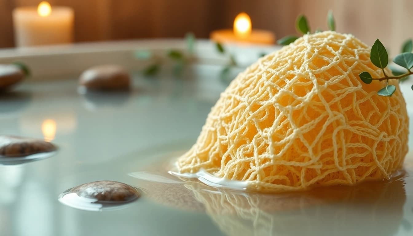 Learn how to use raw loofah effectively with this calming self-care image featuring natural elements.