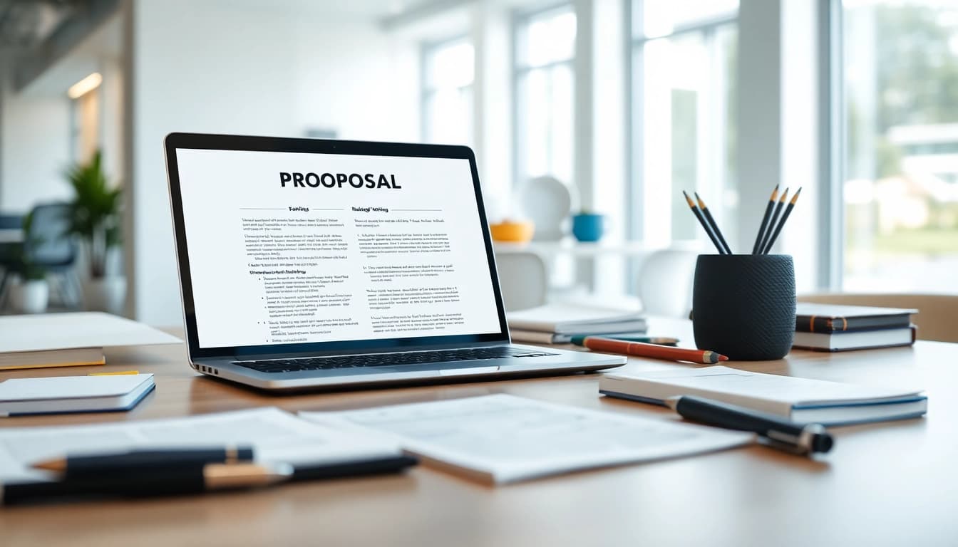 Engaging scene of proposal writing and management tools on a stylish desk, highlighting productivity and organization.