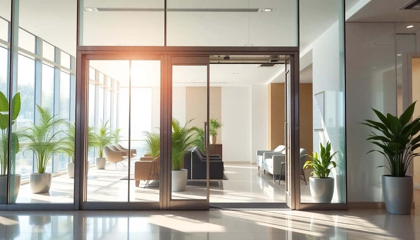 Elevate business access with Commercial Automatic Doors showcasing modern design and natural light.