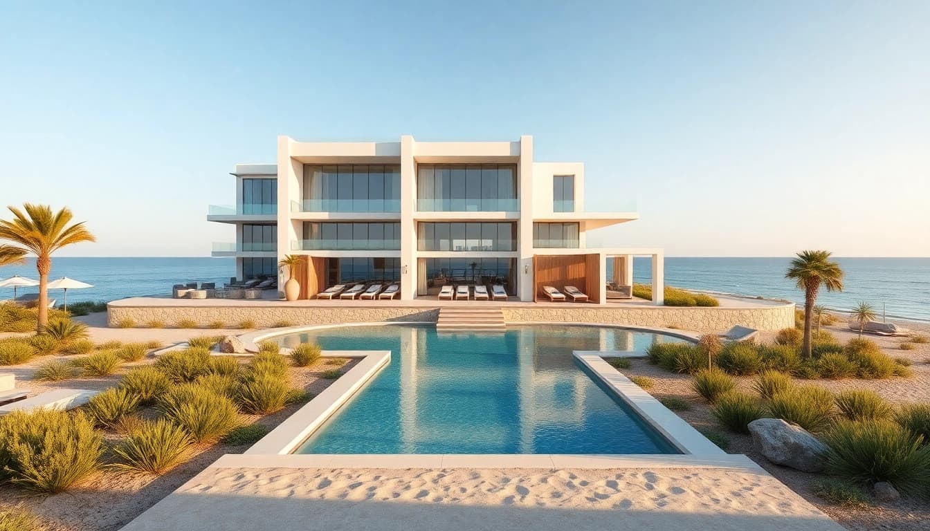 Showcasing Orleans Cape, a stunning beachfront architectural marvel with lush gardens.