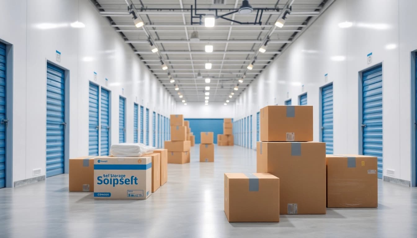 Explore self storage units organized cleanly with various sizes, showcasing convenience and accessibility.