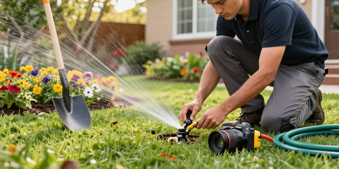 Professional Irrigation Services in Azle, TX, showcasing a technician repairing a sprinkler system in a vibrant garden.