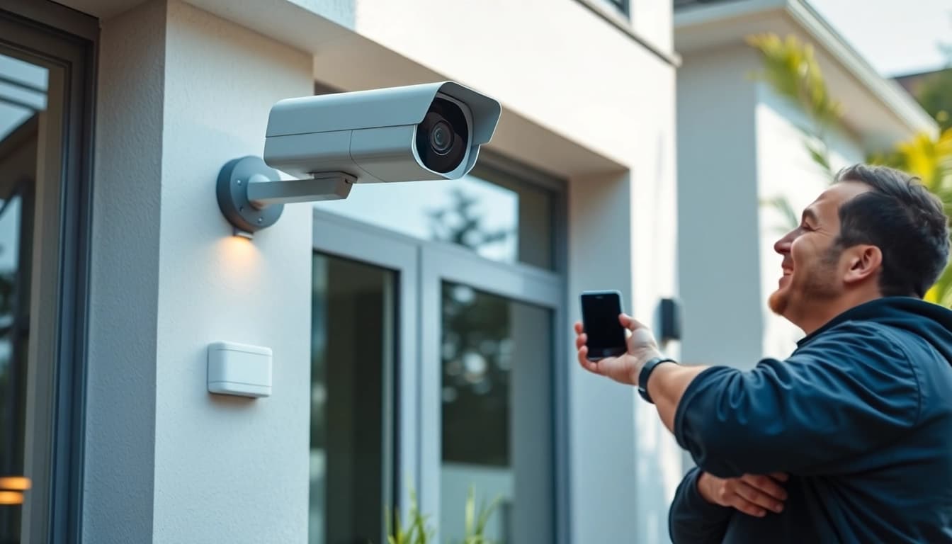 Instalación de Cámaras Hikvision mostrada por un técnico en una casa moderna.