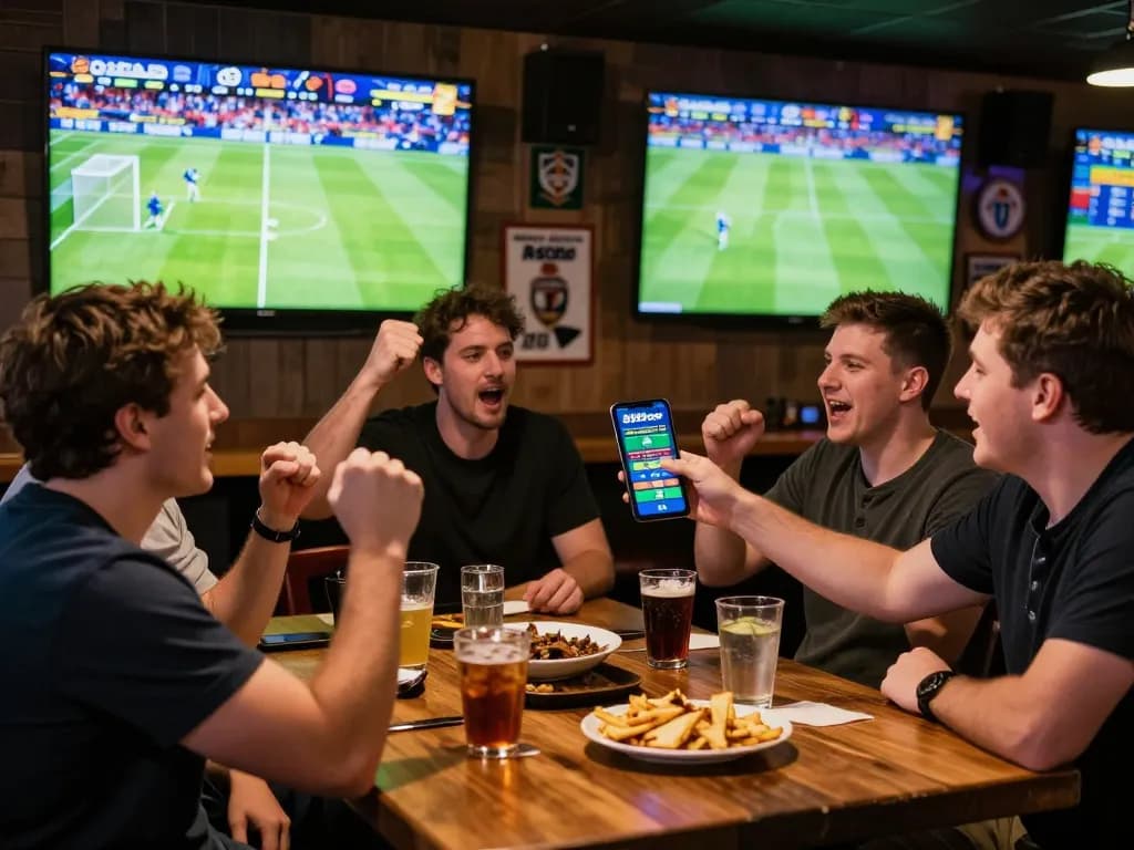 Friends celebrating a sports bet win on 888top mobile app in a lively bar.
