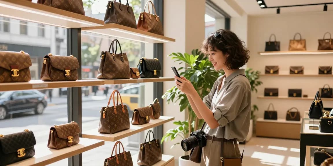 Shopping at a 레플리카 사이트 boutique featuring luxury replica handbags.