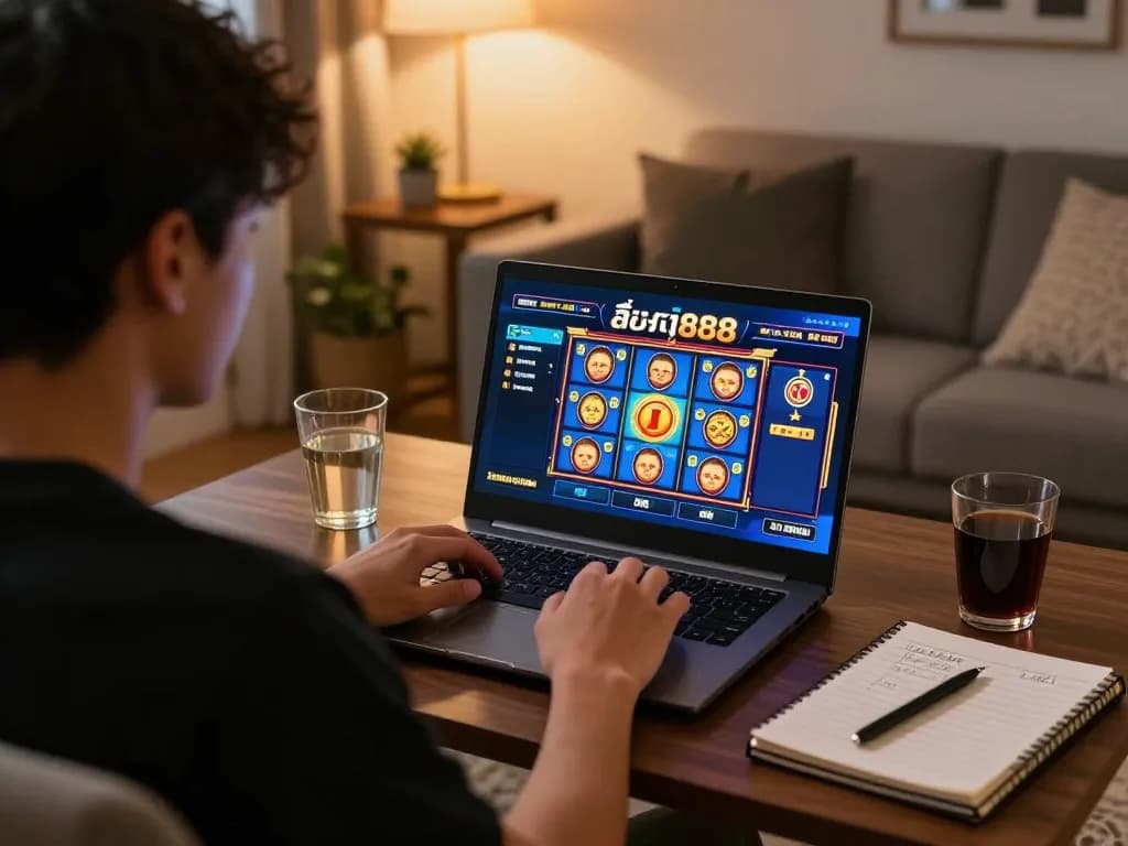Engaged player enjoying สล็อต888 online gaming session from home, displaying gaming interface and strategic notes.