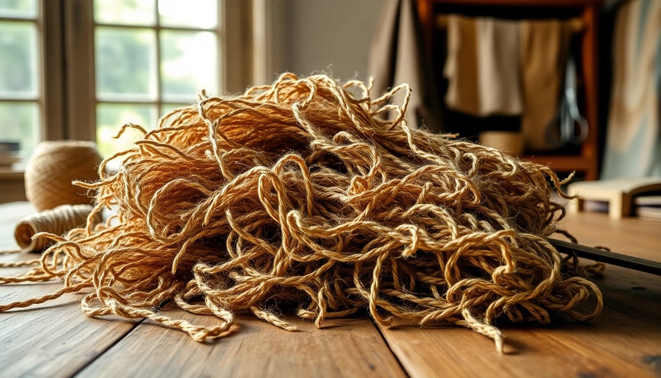 Jute vezels prachtig gepresenteerd op een houten tafel met gereedschap voor handwerk.