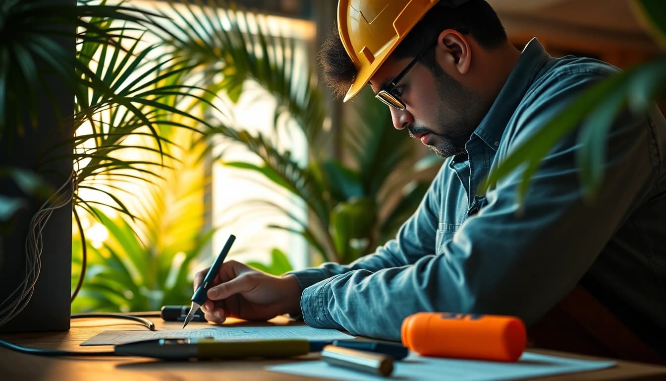 Engaged electrician apprenticeship hawaii apprentice working with tools in a tropical setting.