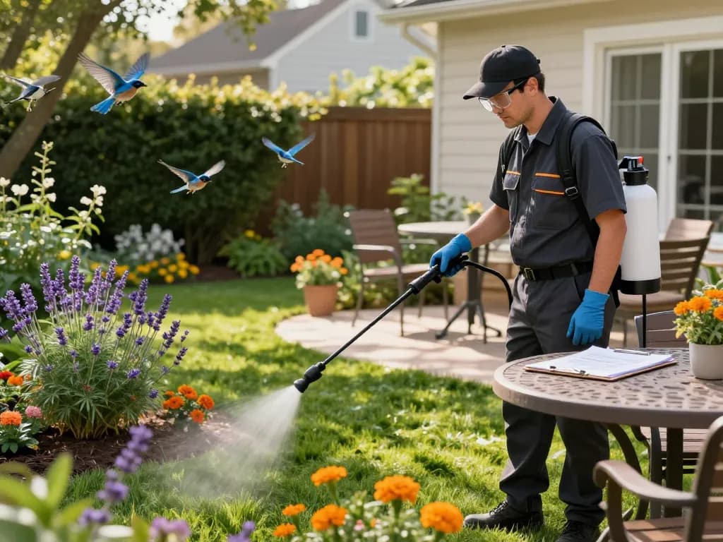 Technician providing pest control treatment in a vibrant garden setting, ensuring home safety with eco-friendly methods.