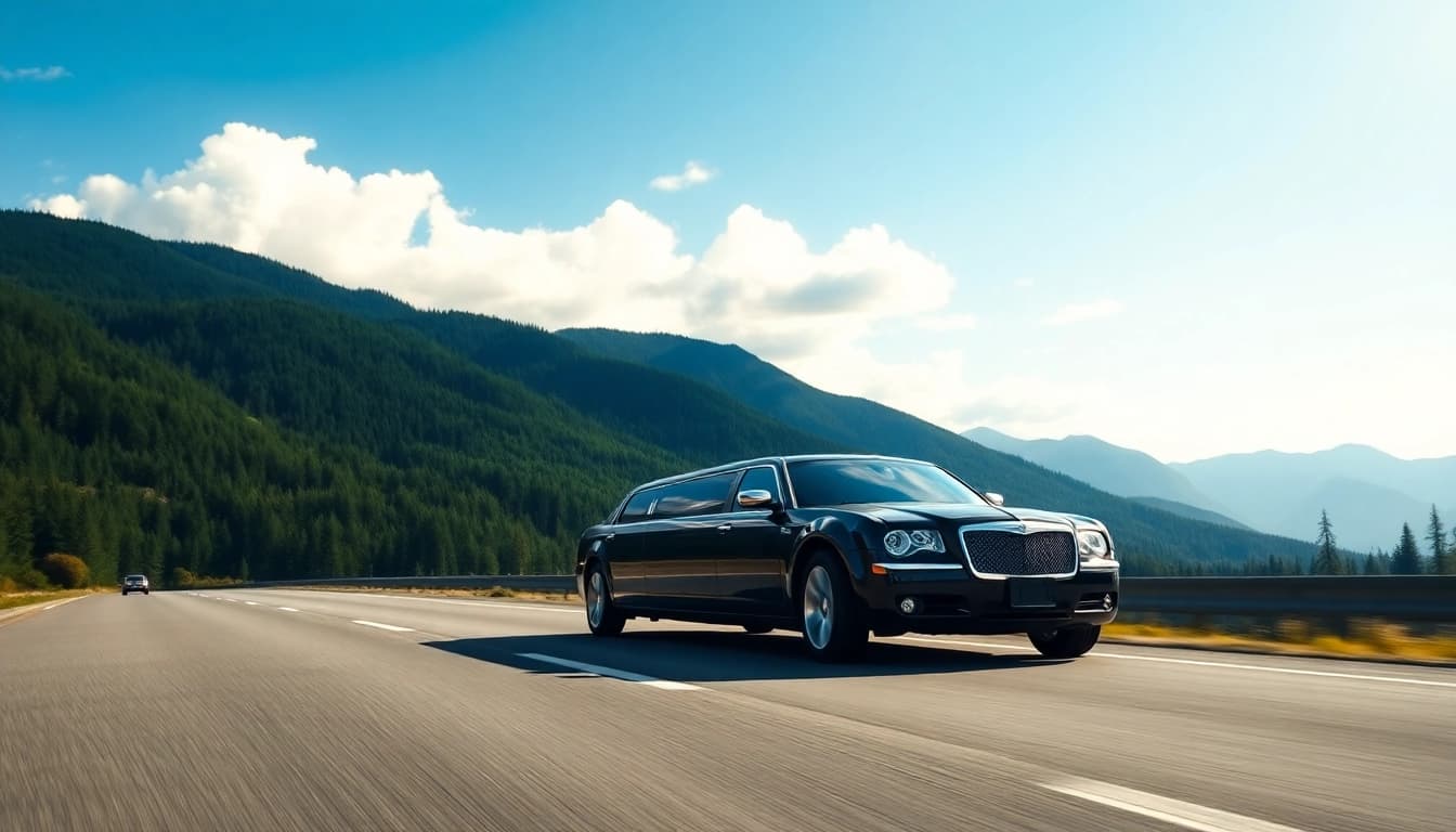 Luxury vancouver to seattle limo cruising along a scenic highway, showcasing a beautiful landscape.