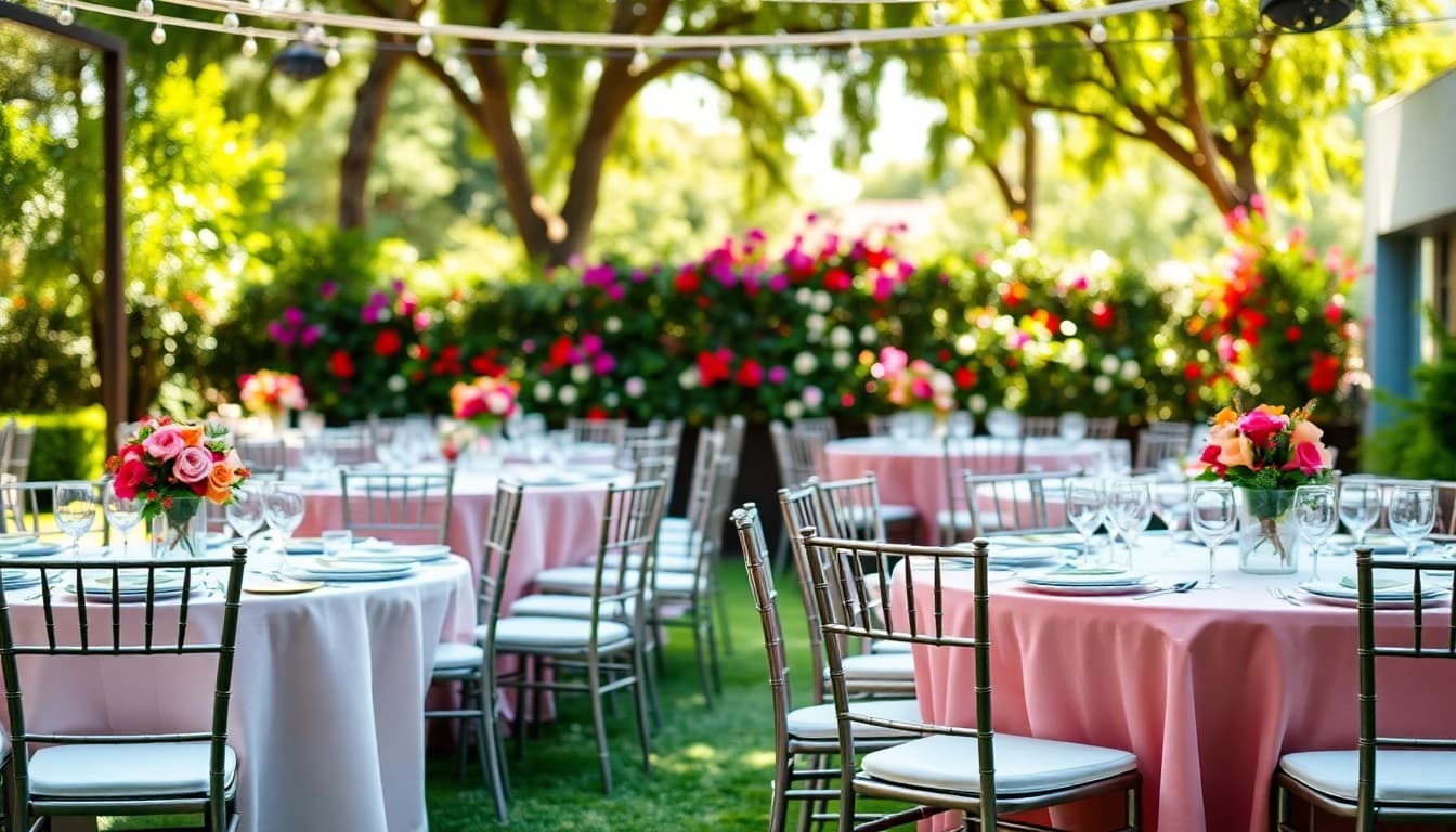 Explore premium Table & Chair Rentals in a beautifully arranged outdoor event setting.