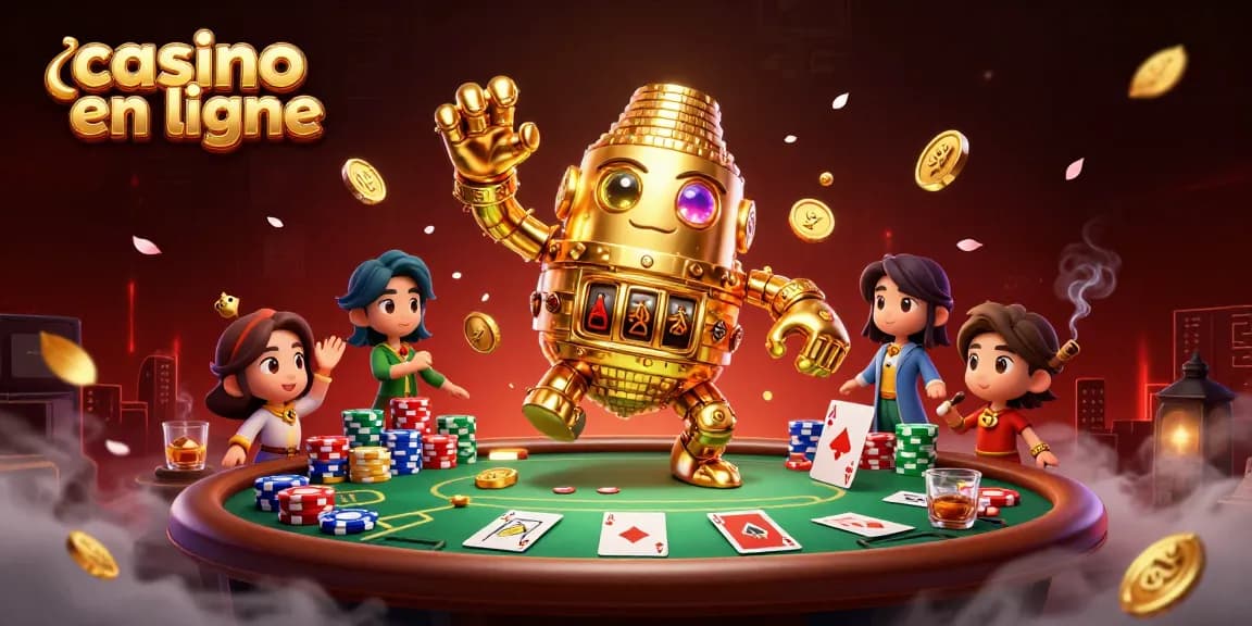 Profitez des jeux de casino en ligne avec notre illustration dynamique d'un golem doré et des éléments de poker.