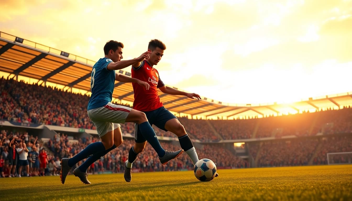 Soccer players competing for the ball in a dynamic match illustrating โปรแกรมฟุตบอลวันนี้.