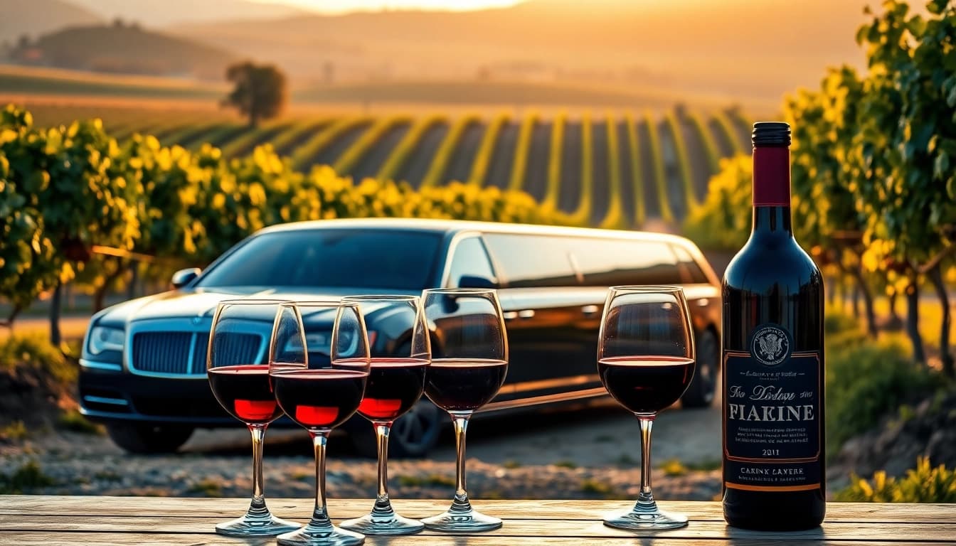 A luxury limo wine tasting tours experience amidst a beautiful vineyard.
