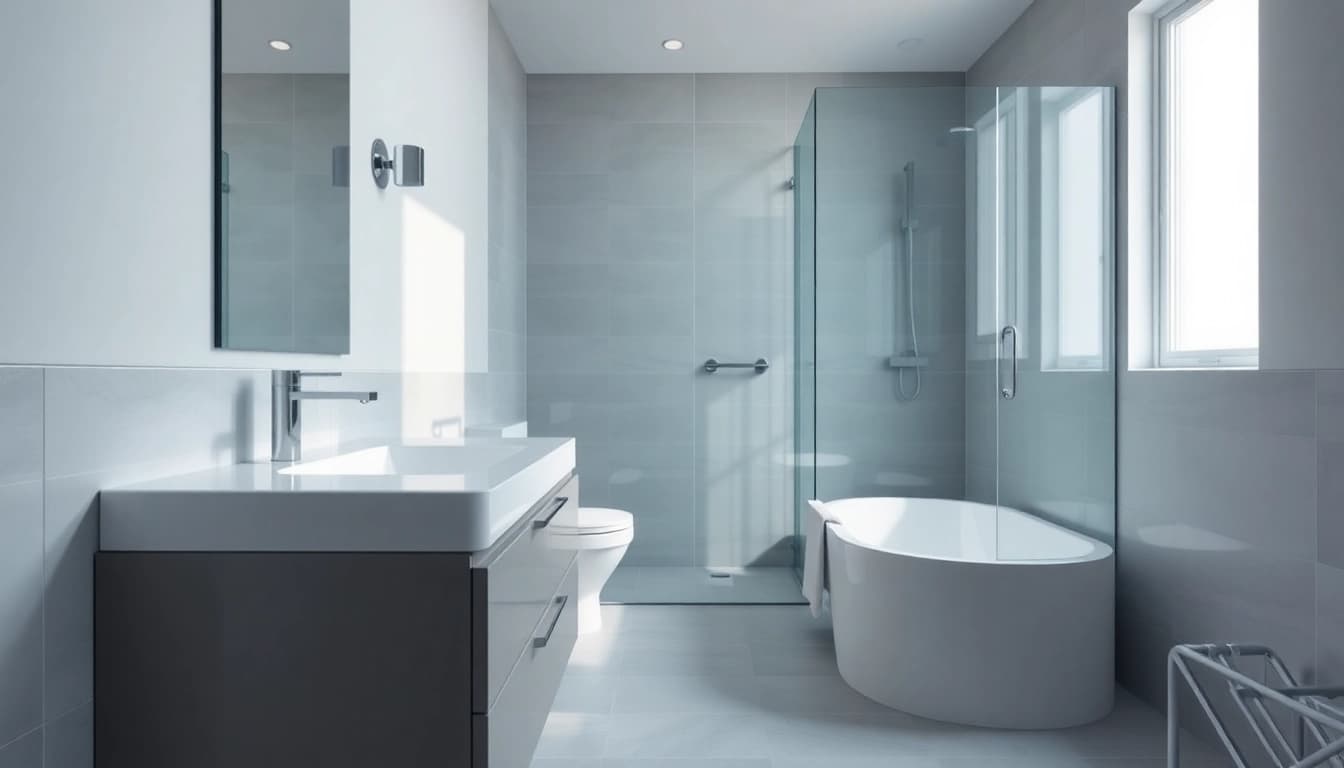 Small bathroom remodel featuring modern fixtures, bright lighting, and sleek design elements.