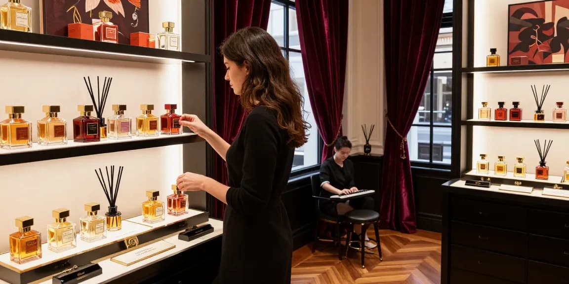 Browsing exquisite Maison Francis Kurkdjian (MFK) fragrances in a luxury boutique, warm ambience and elegant displays.