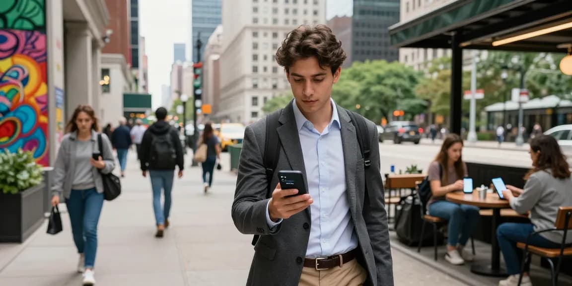 Young professional using the 시카고페이 app in busy Chicago streets, highlighting urban convenience and digital payments.