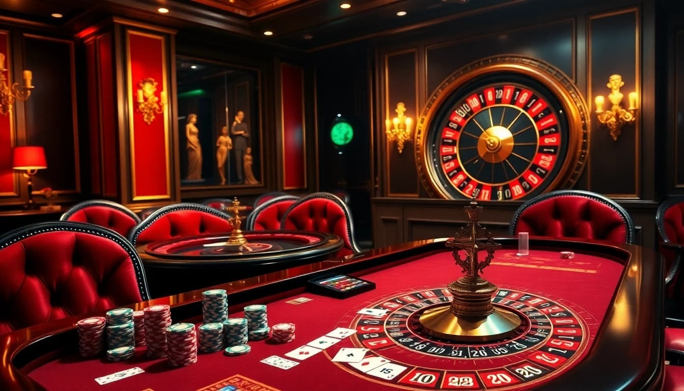 Découvrez l'excitation avec une scène animée de table de casino mettant en avant des jetons et des cartes, soulignant le casino en ligne Français 2026.