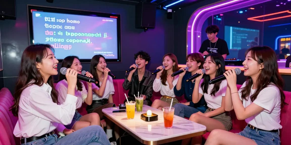 Friends enjoying 강남가라오케 in a lively venue with vibrant lighting and karaoke fun.