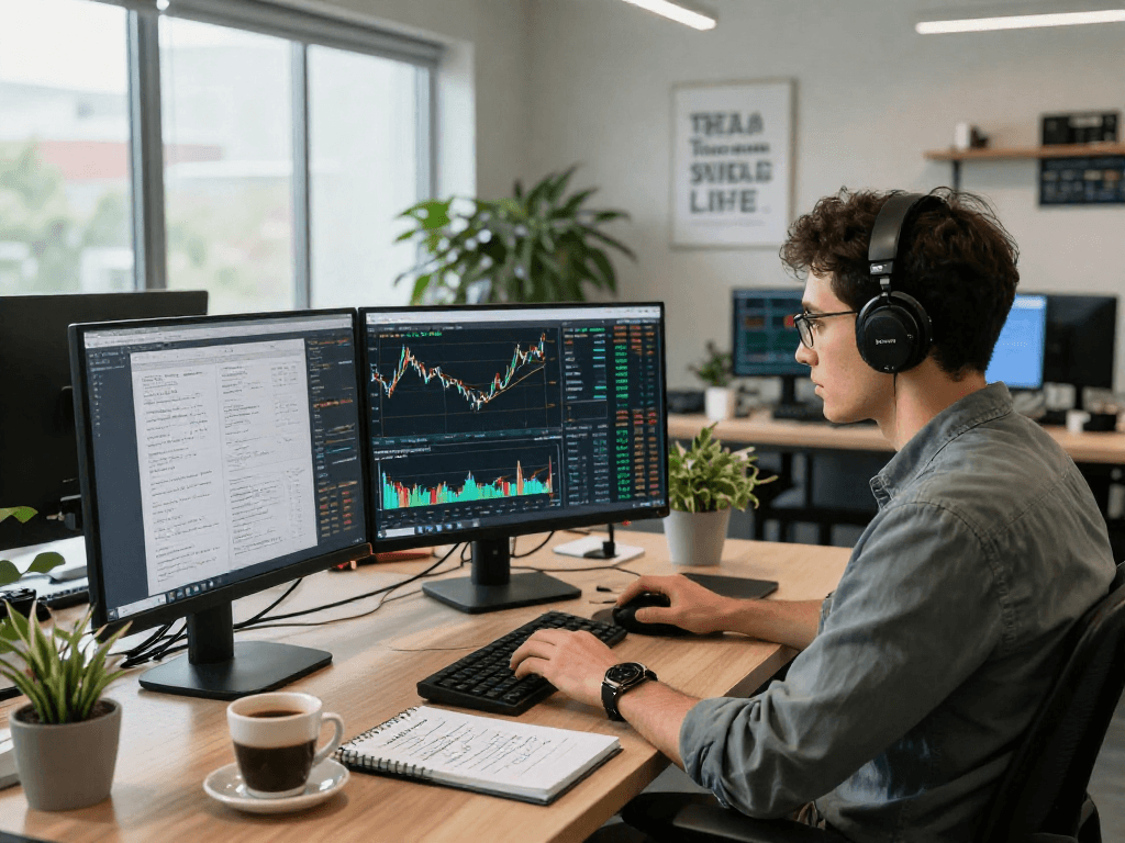 TradingView analysis with trader in modern office analyzing stock and crypto data.