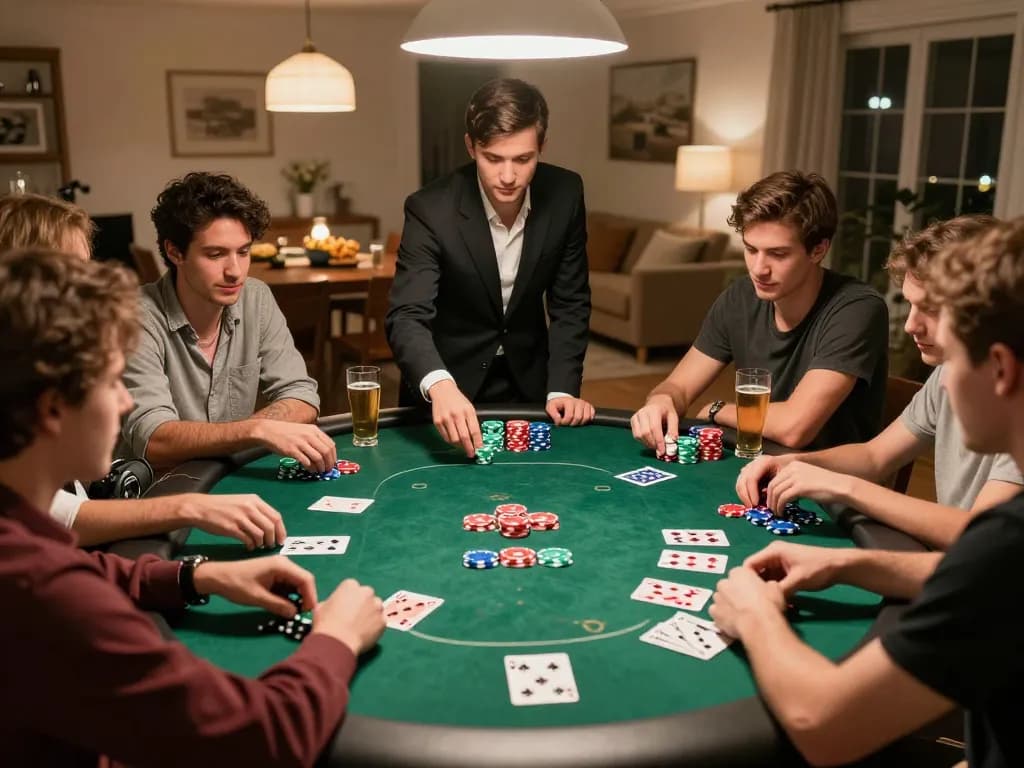 Friends enjoy a lively poker game night at home, with F168 chips and cards visible on the table.