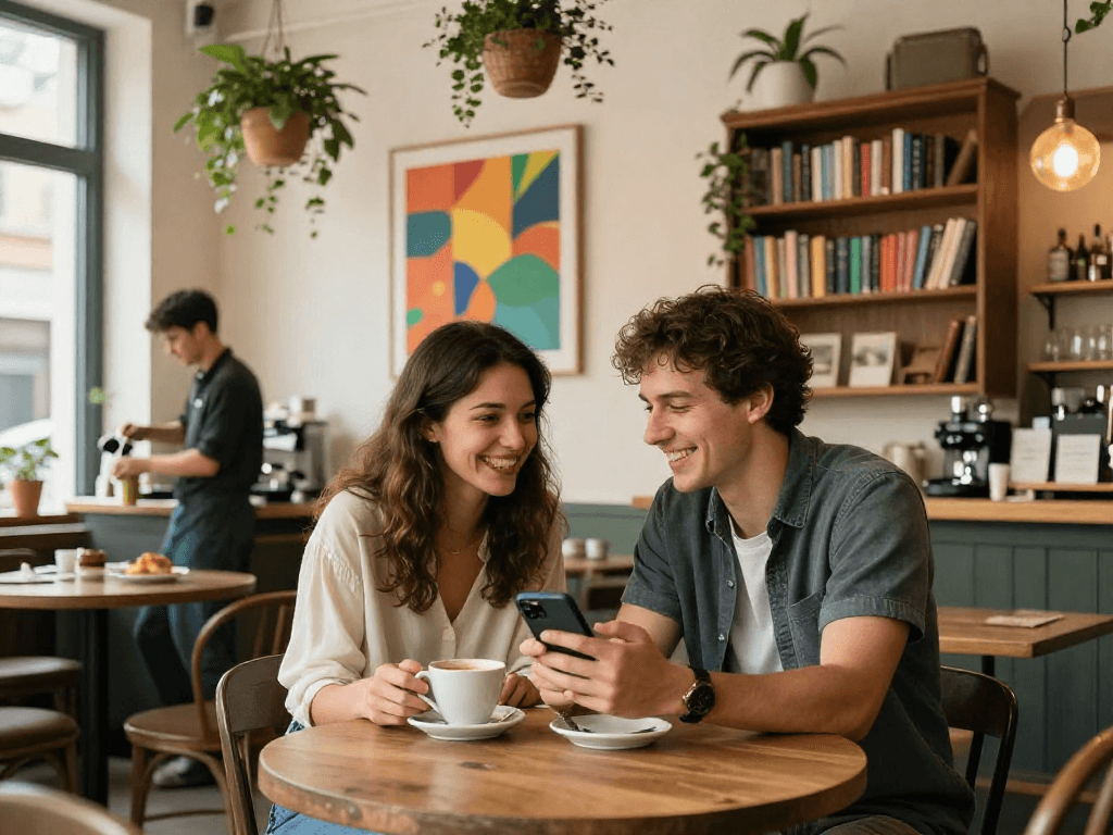 Young couple exploring dating app in a cozy café, showing their crush on each other.