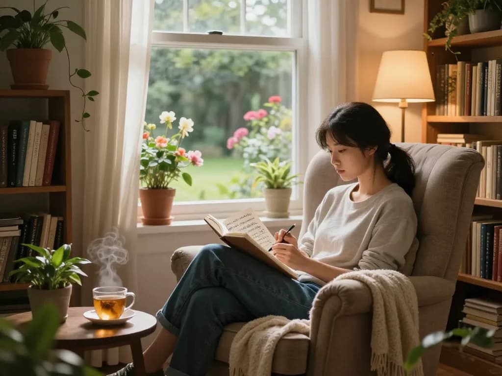 Cozy reading nook with advice notes, plants, and tea for reflection.