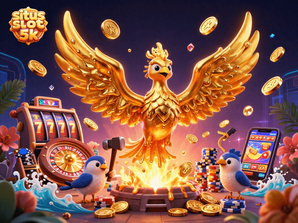 Play thrilling games at situs slot 5k with a captivating 3D illustration of casino elements.