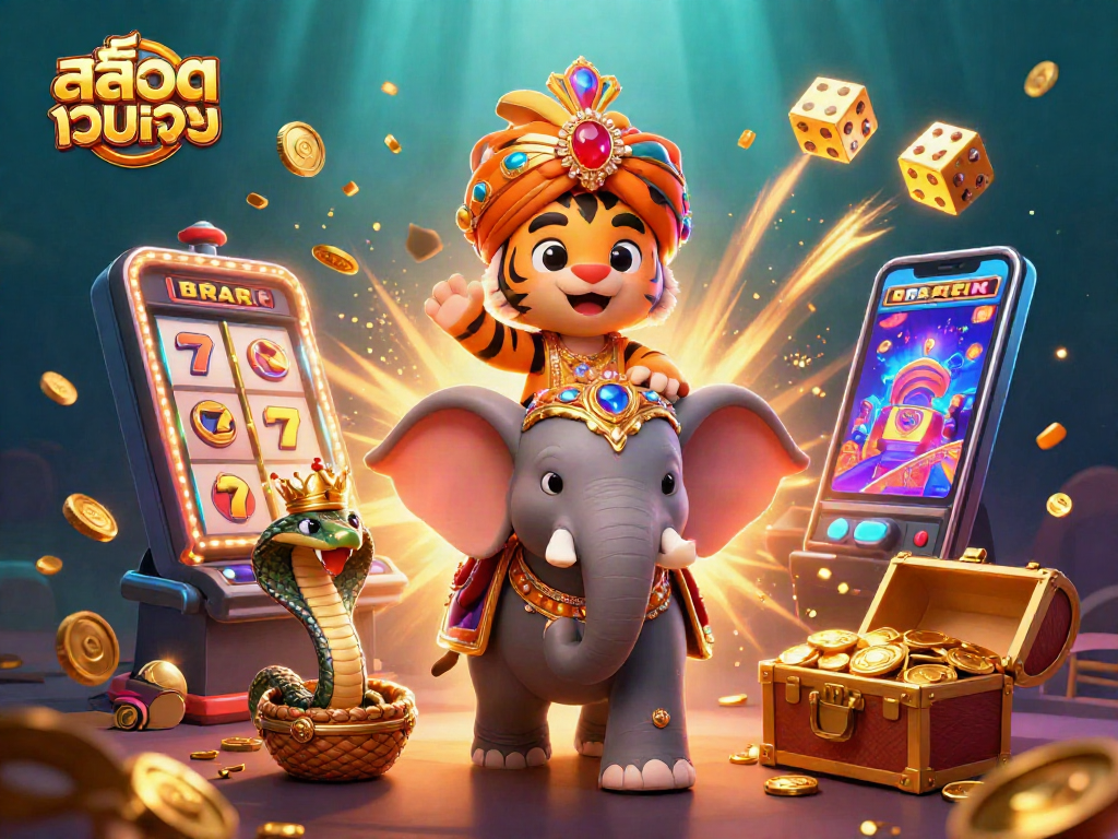 Experience the thrill of สล็อตเว็บตรง with a vibrant 3D casino scene featuring elephants and jackpots.