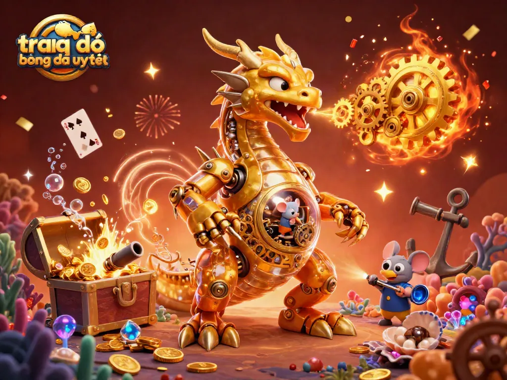 Cá độ bóng đá uy tín với hình ảnh rồng vàng 3D và các yếu tố trò chơi thú vị.