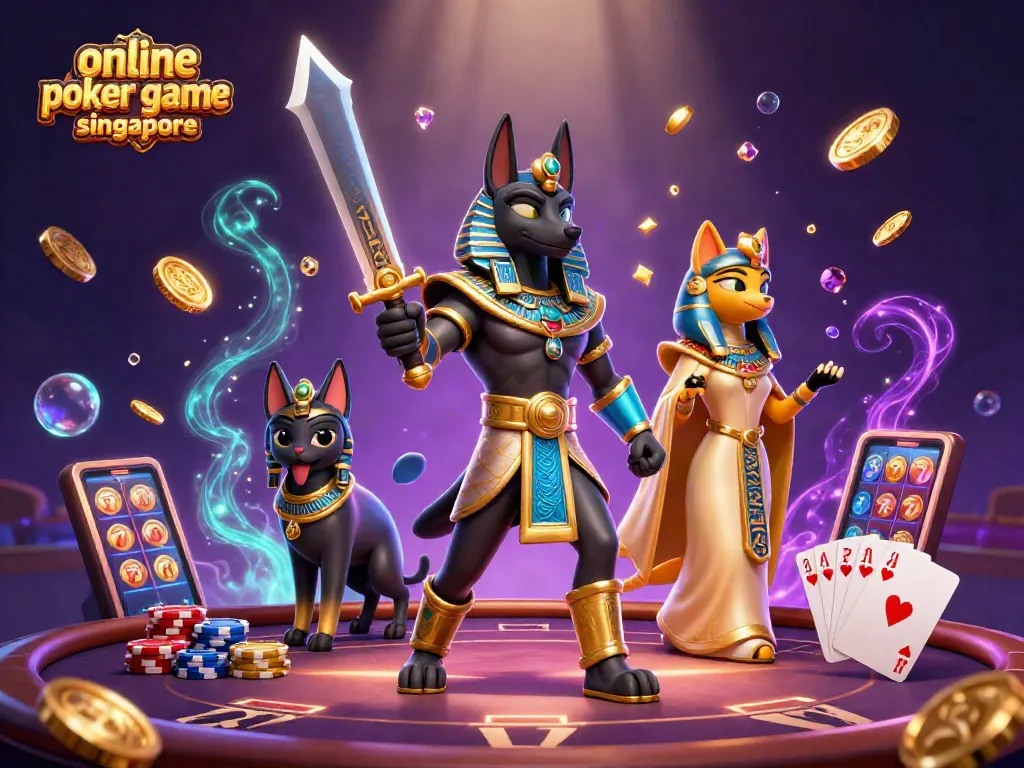 Join the excitement of an online poker game in Singapore, featuring vibrant characters and flying poker elements.