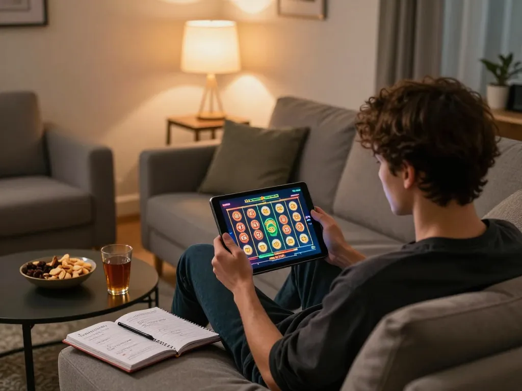 Playing slot gacor sore ini on a tablet in a cozy home environment with snacks and strategies visible.