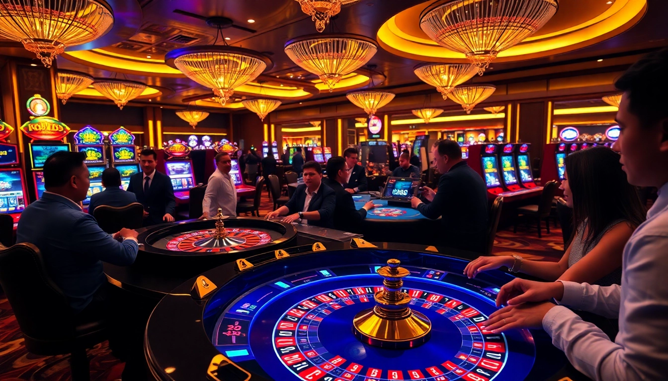 RR88 casino scene showcasing vibrant gambling action with roulette, poker, and slot machines.