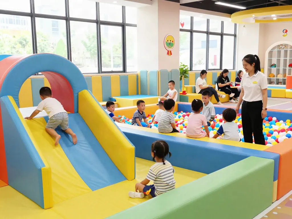 Children safely playing in rokok88's vibrant indoor playground.