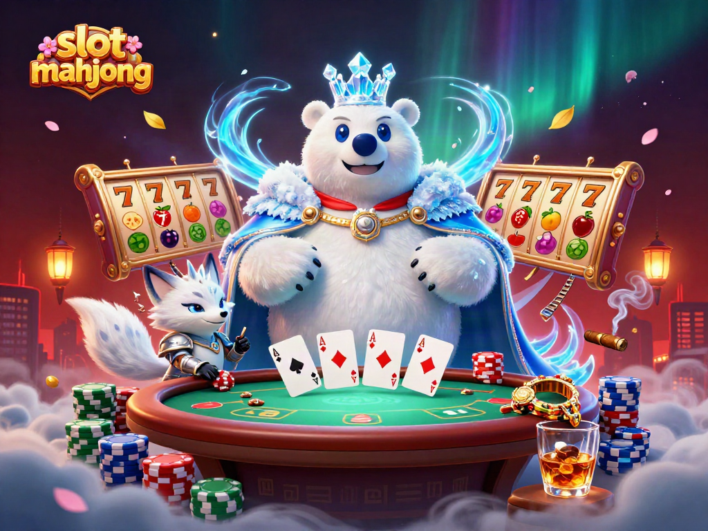 Spin slot mahjong reels, accompanied by a regal polar bear and armored snow fox, surrounded by vibrant casino elements.