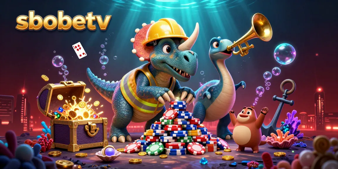 sbobetv showcases a lively 3D scene celebrating gambling with dynamic creatures and poker elements.