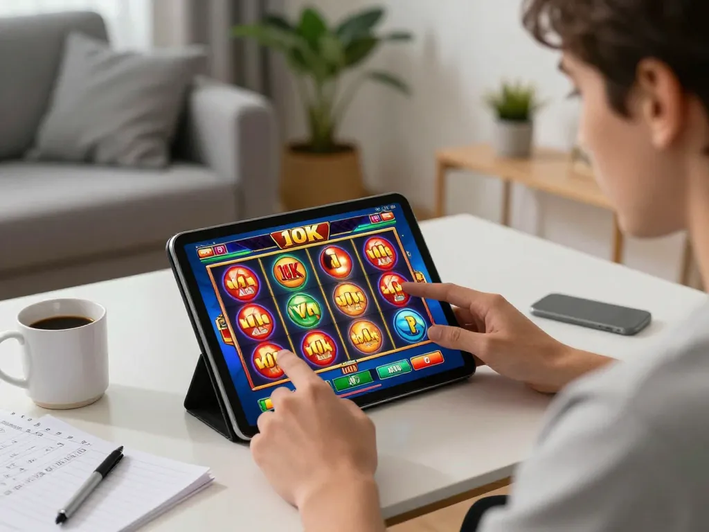 Enjoy thrilling slot 10k gameplay on a tablet in a cozy home environment with strategic notes.