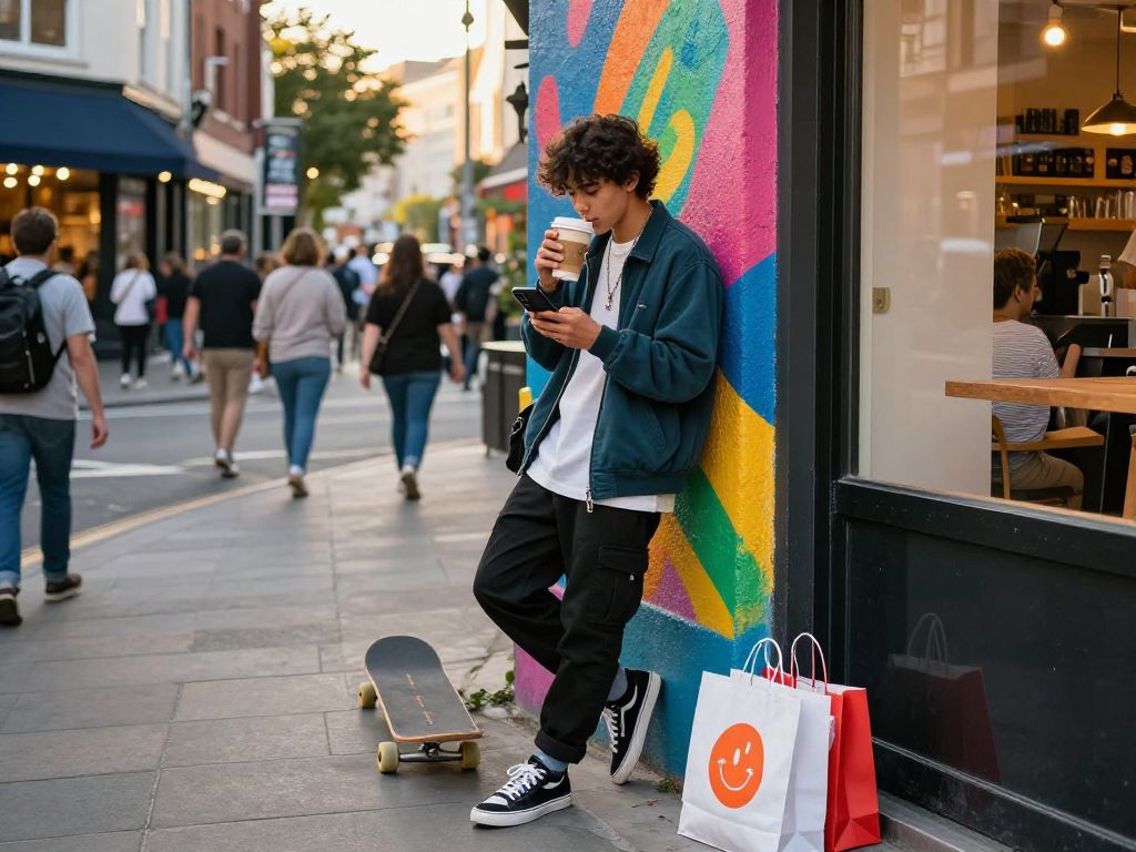 Youth in street fashion exploring rokok88 lifestyle amid busy urban backdrop