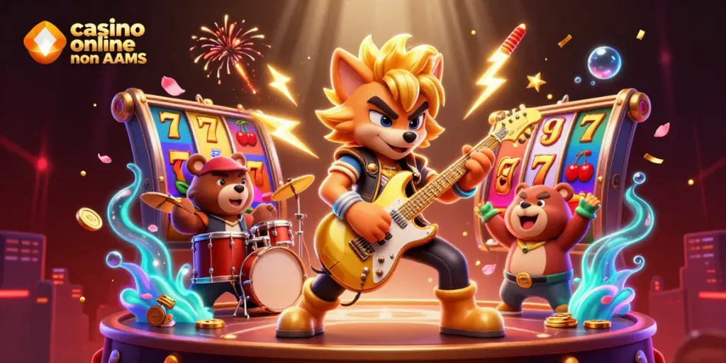 I giocatori si divertono con le slot nei casino online non AAMS, simboli e colori vibranti brillano.