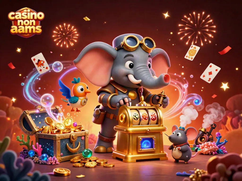 Giocando al casino non aams, l'ingegnere elefante steampunk si diverte con una macchina a rulli d'oro.
