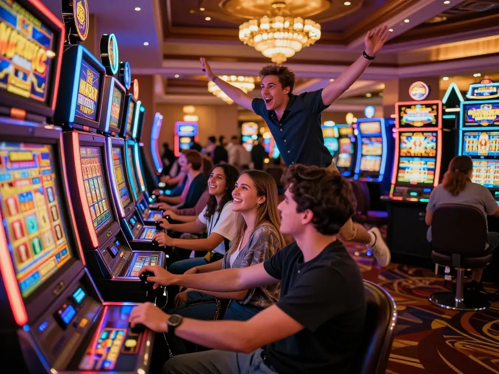Exciting casino atmosphere with players enjoying slot gacor hari ini machines, vibrant lights, and engaging environment.