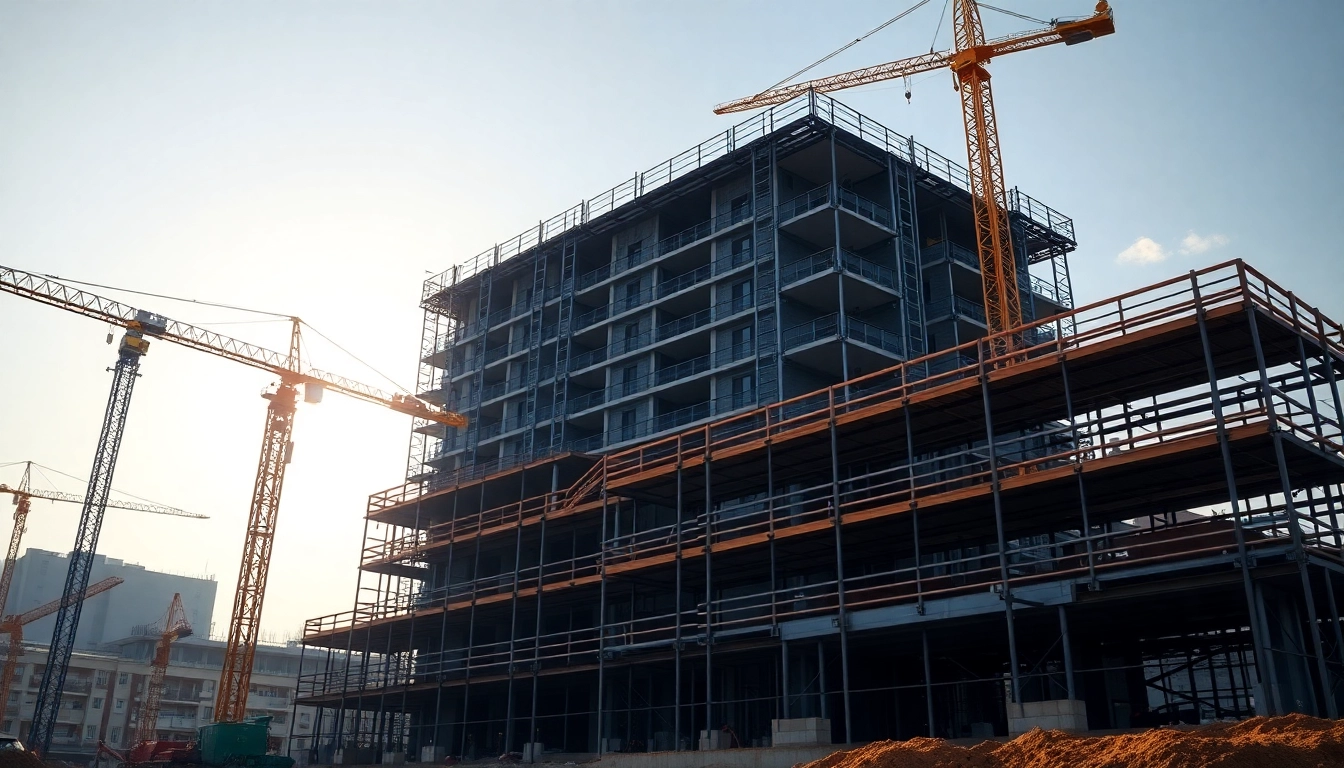 Real estate construction company working on a prominent building with cranes, showcasing development.